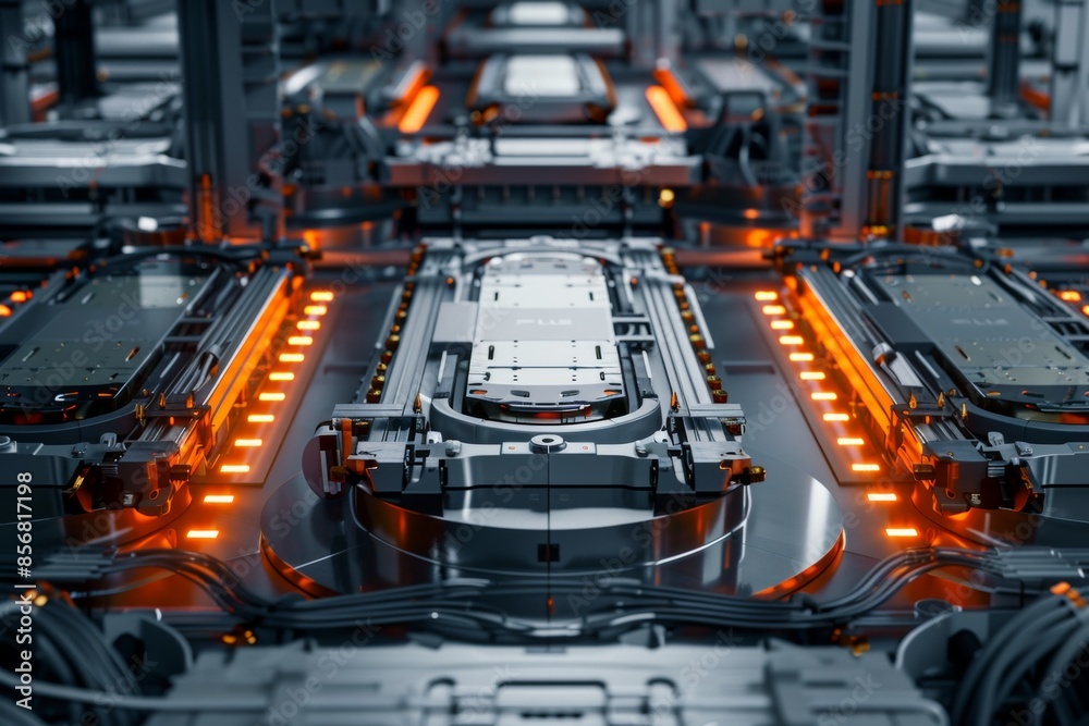 Explore the cutting-edge technology of electric vehicles with studio isolate shots highlighting the mass production assembly line of battery cells. Explore the cutting-edge technology of electric vehicles with studio isolate shots highlighting the mass production assembly line of battery cells.