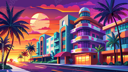 A colorful row of art deco style buildings with palm trees in the foreground, set against a vibrant sunset sky