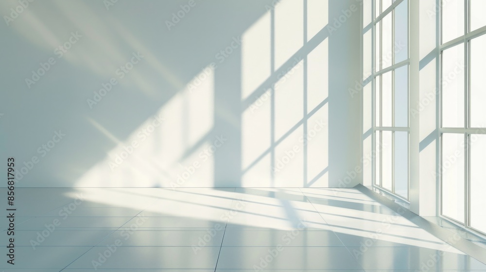 A calm and peaceful interior scene featuring a white room with a large window and tiled floor A calm and peaceful interior scene featuring a white room with a large window and tiled floor