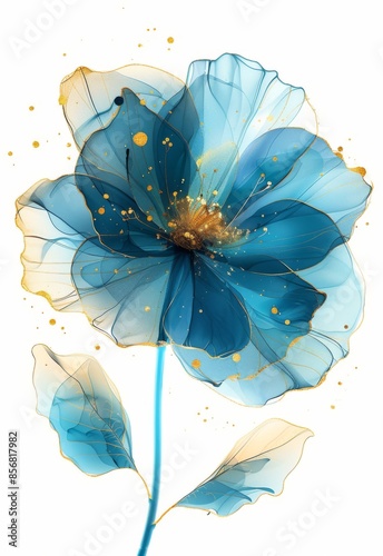 A single blue flower with golden accents stands out against a white background. The flower has a delicate, ethereal look, as if it were made of watercolors