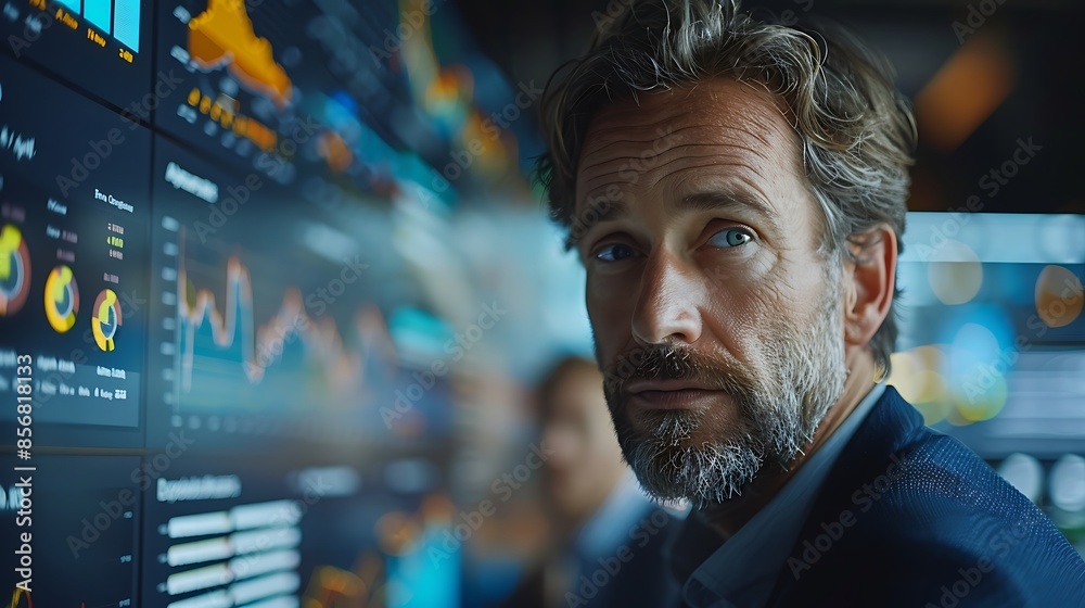 A photographic style of a financial analyst presenting data to colleagues, modern office environment, bright and airy space, thoughtful expression, large screen with detailed financial charts, attenti A photographic style of a financial analyst presenting data to colleagues, modern office environment, bright and airy space, thoughtful expression, large screen with detailed financial charts, attenti