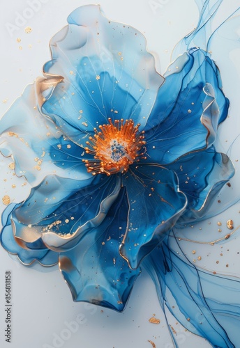 A close-up photograph showcasing a single blue flower with a golden center, surrounded by a subtle blue and white background