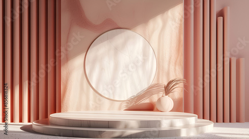 Title: Modern white ceramic vase with dry Lagurus ovatus grass and marble tray on vintage wooden bench, table. Blurred beige linen blanket in front. Scandinavian interior. Empty white wall