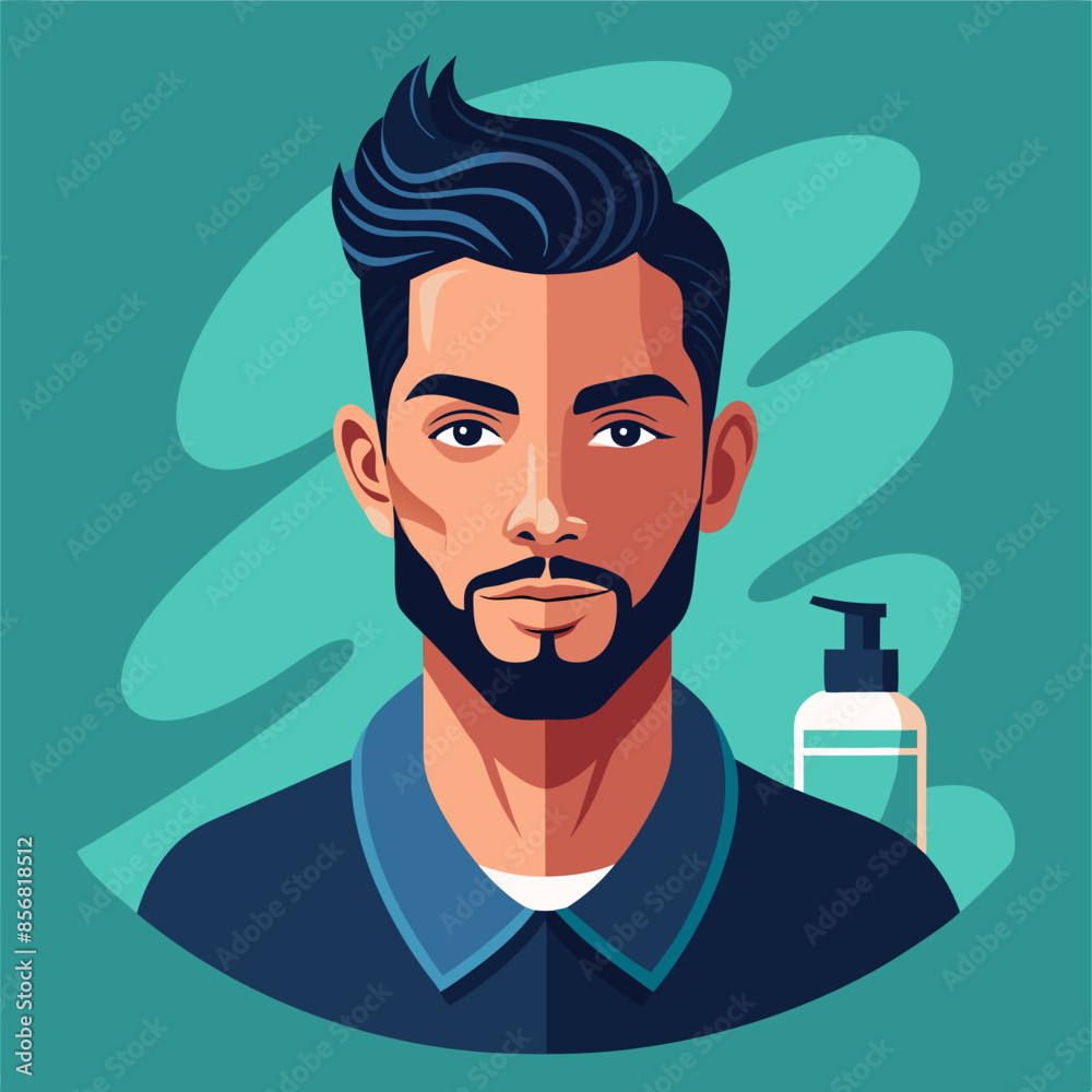 A man with a beard and a bottle of lotion A man with a beard and a bottle of lotion