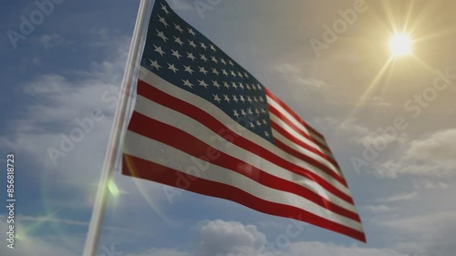 USA waving flag on blue sky background looping concept. American banner blowing in the wind seamless and looped animation.