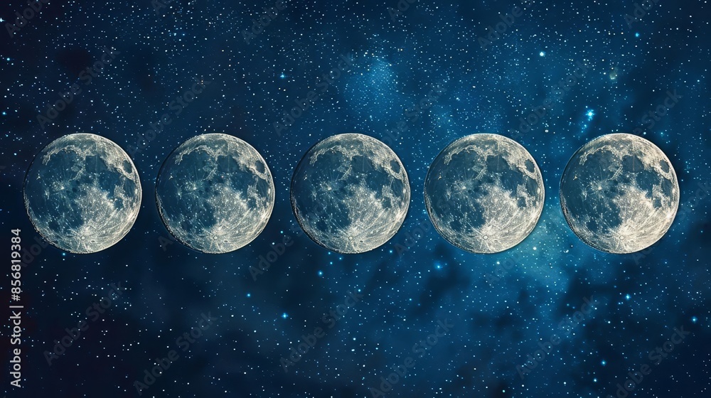 Celestial cycle depicting the phases of the moon, set against a starry night sky Celestial cycle depicting the phases of the moon, set against a starry night sky
