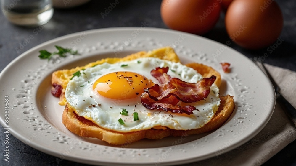 Beautiful photo of a tasty breakfast with fried eggs, bacon, and toasted bread laying on a on white plate on a dark table surface. Delicious food meal advertisement photography illustration. Beautiful photo of a tasty breakfast with fried eggs, bacon, and toasted bread laying on a on white plate on a dark table surface. Delicious food meal advertisement photography illustration.