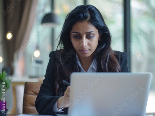 A woman sits in front of a laptop with a focused expression, ready to work or study © Alexander Chaykin