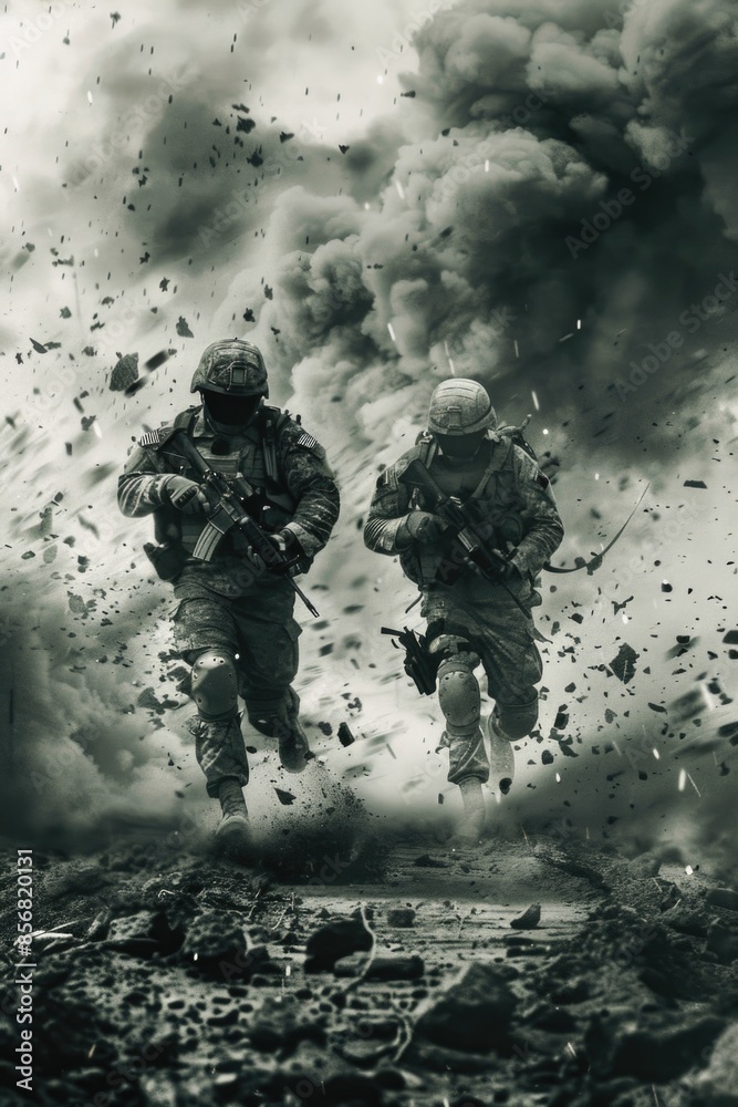 Two soldiers in uniform running through a green field with smoke rising from behind them Two soldiers in uniform running through a green field with smoke rising from behind them
