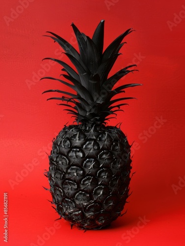 A black pineapple sits on a vibrant red background, showcasing the unique contrast of color and texture