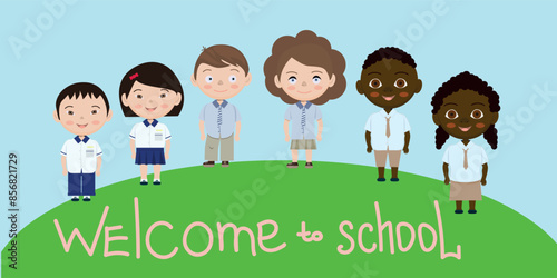 six schoolchildren are standing on a green lawn where it says welcome to school vector postcard