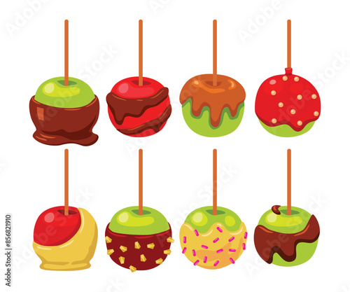 Set of candy apple coated by sweet caramel, white and dark chocolate, flat vector illustration, delicious dipped homemade caramel apples cartoon toffee apple set isolated on white background.