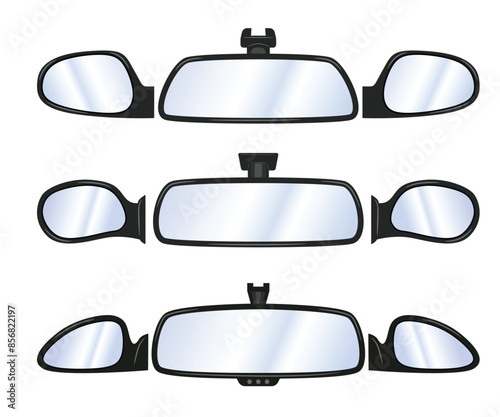 Set of realistic car side mirror collection, wing mirror car view from inside illustration, Car rearview mirror driver glass inside. Vector rear view mirror inside car illustration safety
