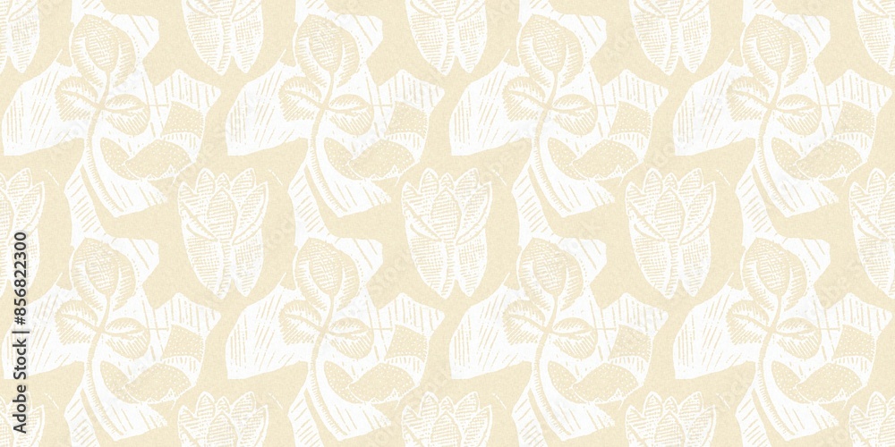Fototapeta premium Modern white on cream lace effect wedding border texture. Soft tonal linen openwork block print with subtle hand drawn lattice damask printed fabric banner edge trim. 