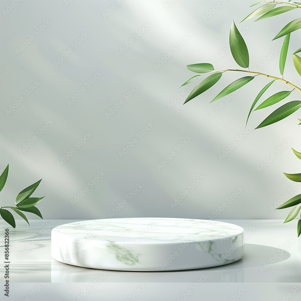 Podium background display bamboo product 3D platform cosmetic plant beauty. Podium white background display green leaf shadow marble stand presentation nature space empty scene stone fresh light.
