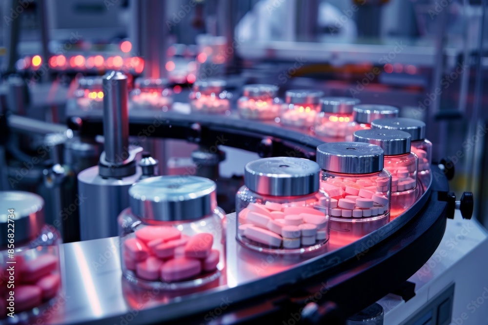 Witness the precision engineering behind pharmaceutical packaging with studio isolate shots highlighting the medicine tablet production line. Witness the precision engineering behind pharmaceutical packaging with studio isolate shots highlighting the medicine tablet production line.