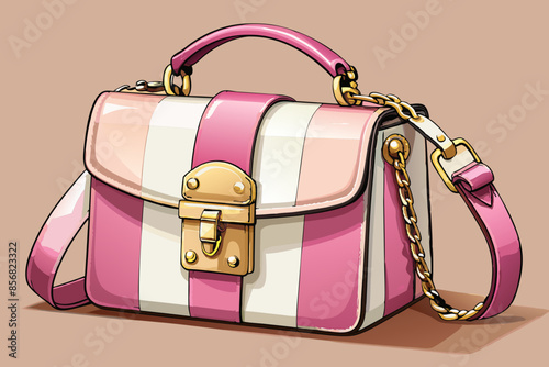 A pink and white leather handbag with gold hardware, a structured rectangular shape, and a detachable shoulder strap