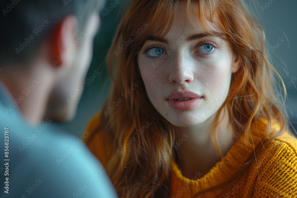 Woman with red hair looking at man in conversation