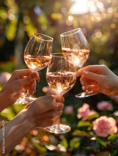 Hands holding wine glasses with rose wine in the act of toasting in a garden.