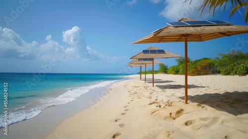 A panoramic shot of a beautiful beach punctuated by a row of solarpowered umbrellas providing both shade and charging capabilities. © Justlight