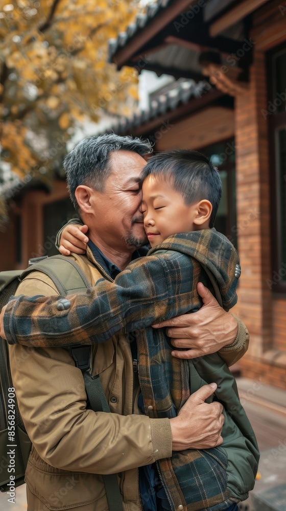 A man embraces his son warmly on a street in autumn A man embraces his son warmly on a street in autumn