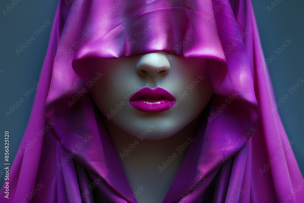 Woman Wearing Purple Fabric Over Eyes and Lips Woman Wearing Purple Fabric Over Eyes and Lips