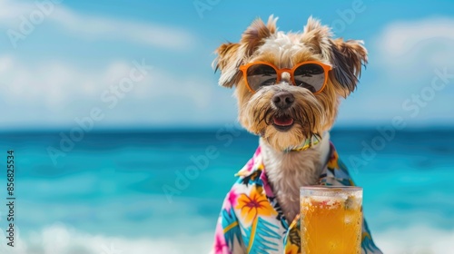 Tropical Paradise Pup Dog in Hawaiian Shirt & Sunglasses Sipping Cocktail at Spring Break Beach
 photo