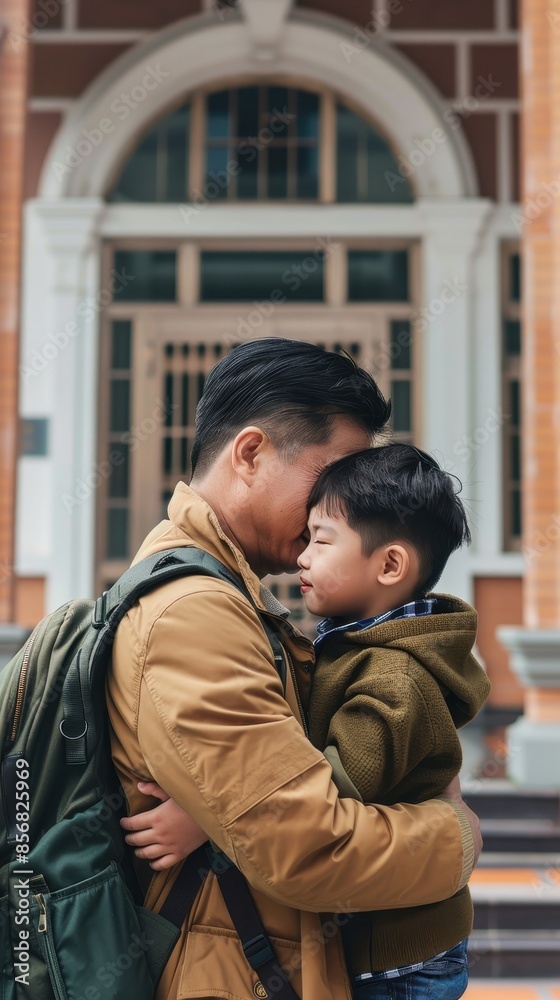 A man hugs his young son outside a building A man hugs his young son outside a building