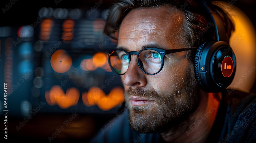 A photographic style of a financial analyst wearing headphones, concentrating on financial analysis work on a computer, high-tech modern office, balanced lighting, serious expression, financial report A photographic style of a financial analyst wearing headphones, concentrating on financial analysis work on a computer, high-tech modern office, balanced lighting, serious expression, financial report