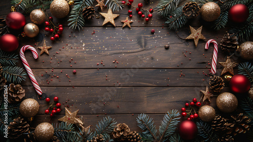 Christmas decoration of fir branches with christmast lights on rustic wooden planks