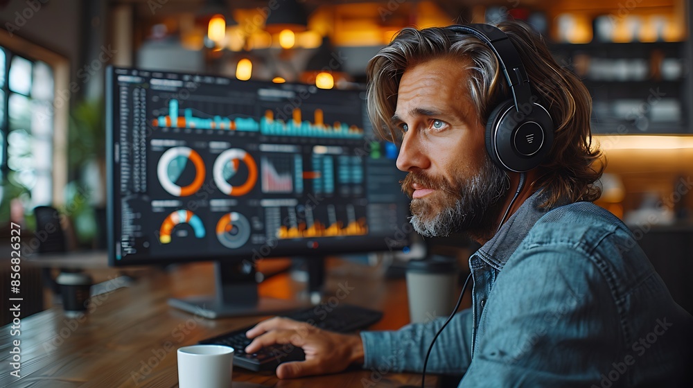 A photographic style of a financial analyst wearing headphones, concentrating on financial analysis work on a computer, minimalist modern office, natural light from large windows, analytical expressio A photographic style of a financial analyst wearing headphones, concentrating on financial analysis work on a computer, minimalist modern office, natural light from large windows, analytical expressio