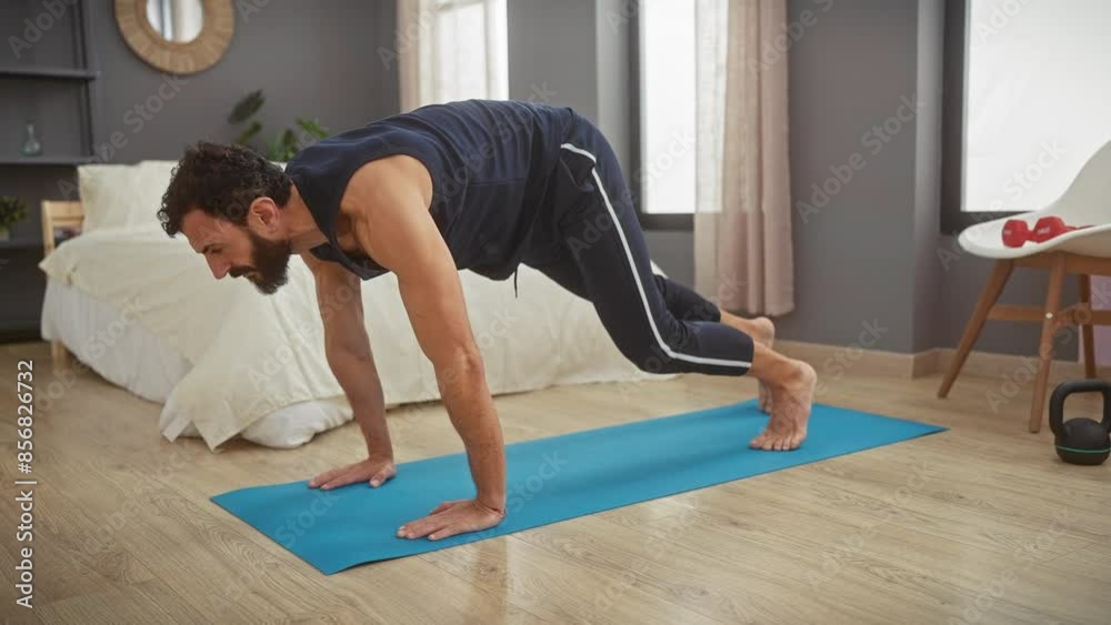 A bearded man performs yoga on a blue mat in the bedroom, demonstrating a healthy lifestyle indoors.