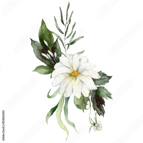 Watercolor floral card featuring flowers, bedstraw, herbs and buds. Hand-drawn composition of a plant bouquet on a white background. An outdoor illustration for design, printing or fabric background. photo