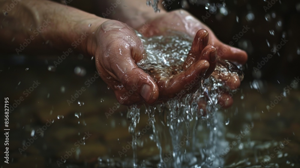 Fototapeta premium A person holds their hands up in a flowing stream, with water rippling around them
