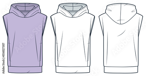 Sleeveless Hoodie technical fashion illustration. Hooded Sweatshirt fashion flat technical drawing template, pockets, front and back view, white, lilac color, women, men, unisex CAD mockup set.