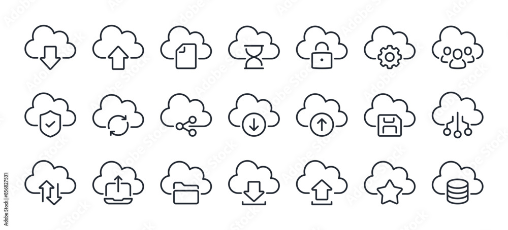 Cloud computing and storage editable stroke outline icons set isolated on white background flat vector illustration. Pixel perfect. 64 x 64. Cloud computing and storage editable stroke outline icons set isolated on white background flat vector illustration. Pixel perfect. 64 x 64.