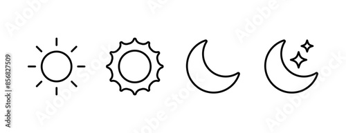 Sun and night moon with stars editable stroke outline icons set isolated on white background flat vector illustration. Pixel perfect. 64 x 64.