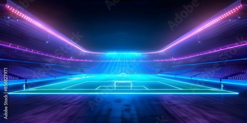 Futuristic football stadium with neon seating holographic pitch virtual matches. Concept Futuristic Architecture, Neon Lighting, Holographic Technology, Virtual Reality, Sports Innovation © Ян Заболотний