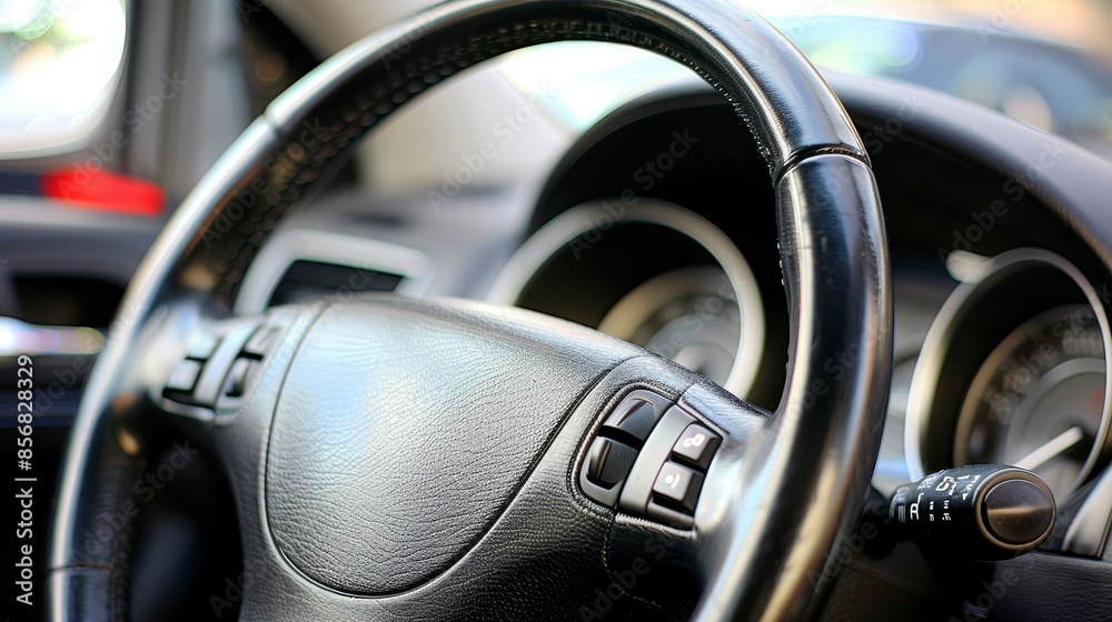 Sleek black leather steering wheel with elegant silver gear shift paddle in close up view Sleek black leather steering wheel with elegant silver gear shift paddle in close up view