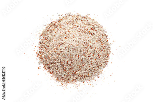 A close-up pile of organic Ragi Flour (Eleusine coracana) or Finger Millet Flour, isolated on a white background. Top view