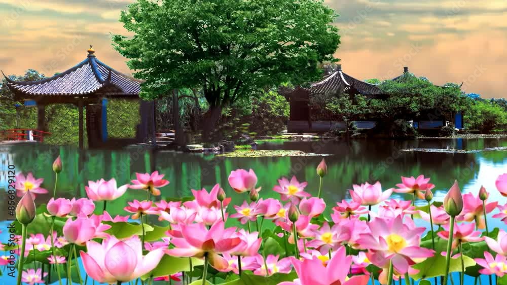 Petals, and lotus pond beautiful scenery, Daytime ancient traditional Chinese Japanese landscape Painting of beautiful calm trees, mountains, flowers, lake, water, birds, blue sky, boat, cherry Petals, and lotus pond beautiful scenery, Daytime ancient traditional Chinese Japanese landscape Painting of beautiful calm trees, mountains, flowers, lake, water, birds, blue sky, boat, cherry
