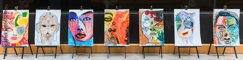 Creative drawings presented on a stand, with each artwork reflecting the vibrant imagination of young artists. photo