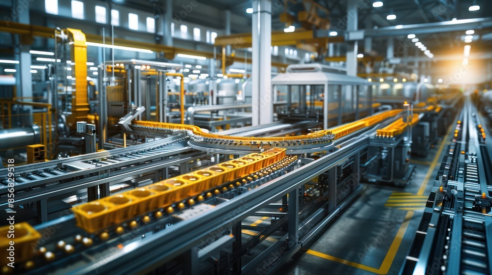 A factory with a conveyor belt that is yellow A factory with a conveyor belt that is yellow