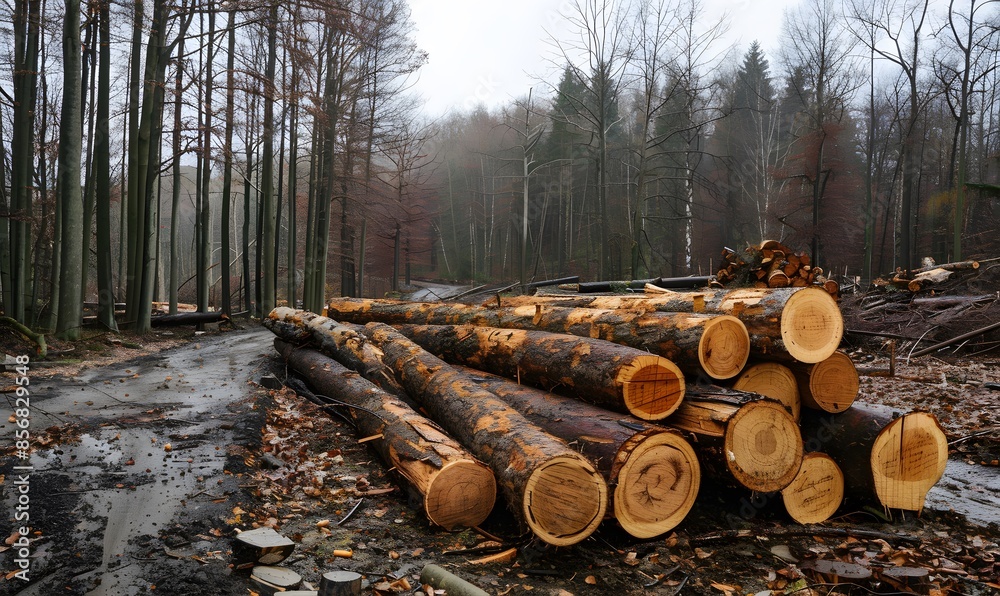 The logging industry involves cutting trees for timber used in making wood, Generative AI The logging industry involves cutting trees for timber used in making wood, Generative AI