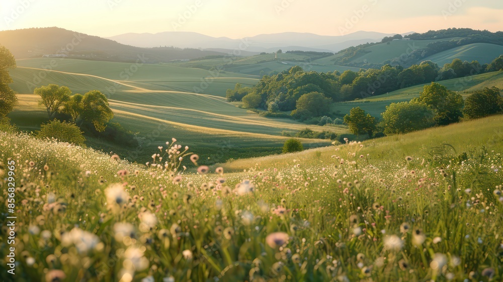 A field of flowers with a beautiful view of the mountains in the background A field of flowers with a beautiful view of the mountains in the background