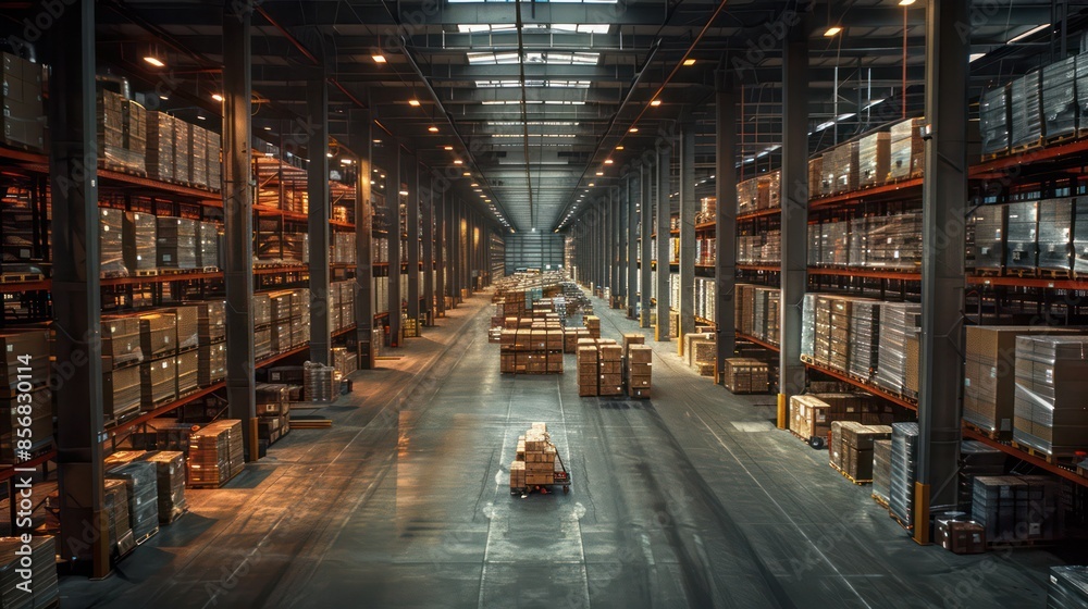 A large warehouse with a forklift driving down the aisle A large warehouse with a forklift driving down the aisle