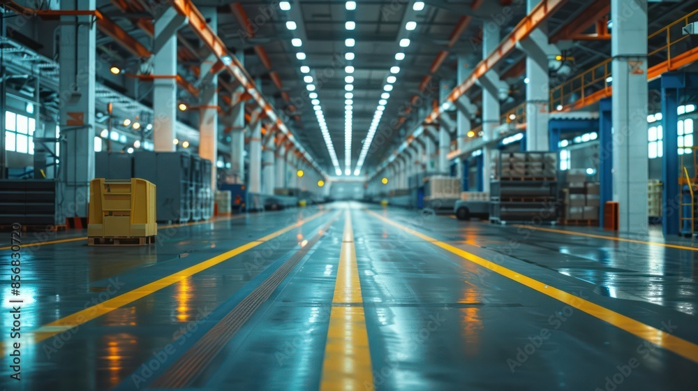 A large industrial warehouse with a yellow bin in the middle of the floor A large industrial warehouse with a yellow bin in the middle of the floor