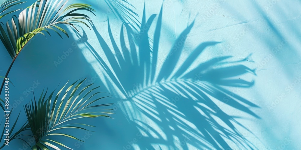 A silhouette of a palm tree is seen on a bright blue wall, simple and clean design A silhouette of a palm tree is seen on a bright blue wall, simple and clean design