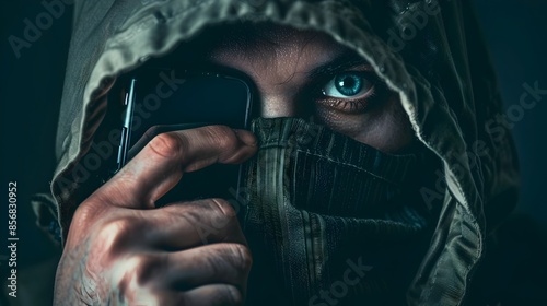 Hooded Figure Whispering on Phone Suspicious Criminal Activity or Cybercrime Conspiracy