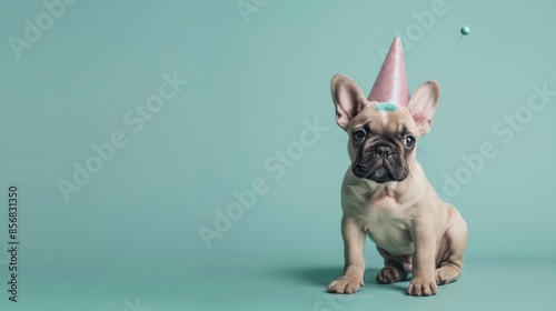 Cute French Bulldog Puppy in Party Hat.